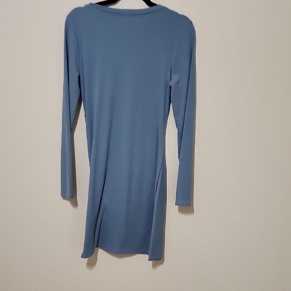 Soft Blue Long Sleeve Tunic Dress with Asymmetrical Ruching - Picture 4 of 6